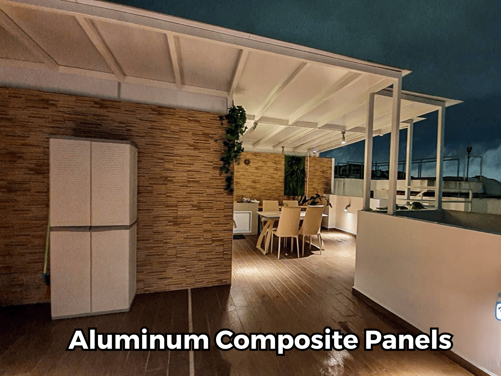 Aluminium composite canopy with solid shade and integrated ceiling finish