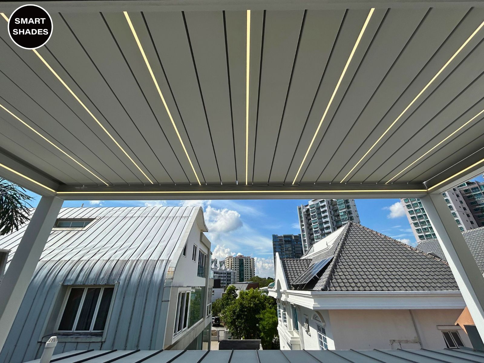Bioclimatic pergola blades opened for daylight and ventilation