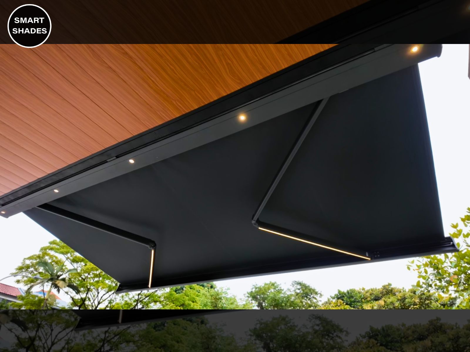 Retractable awning Singapore with integrated lighting and outdoor fabric