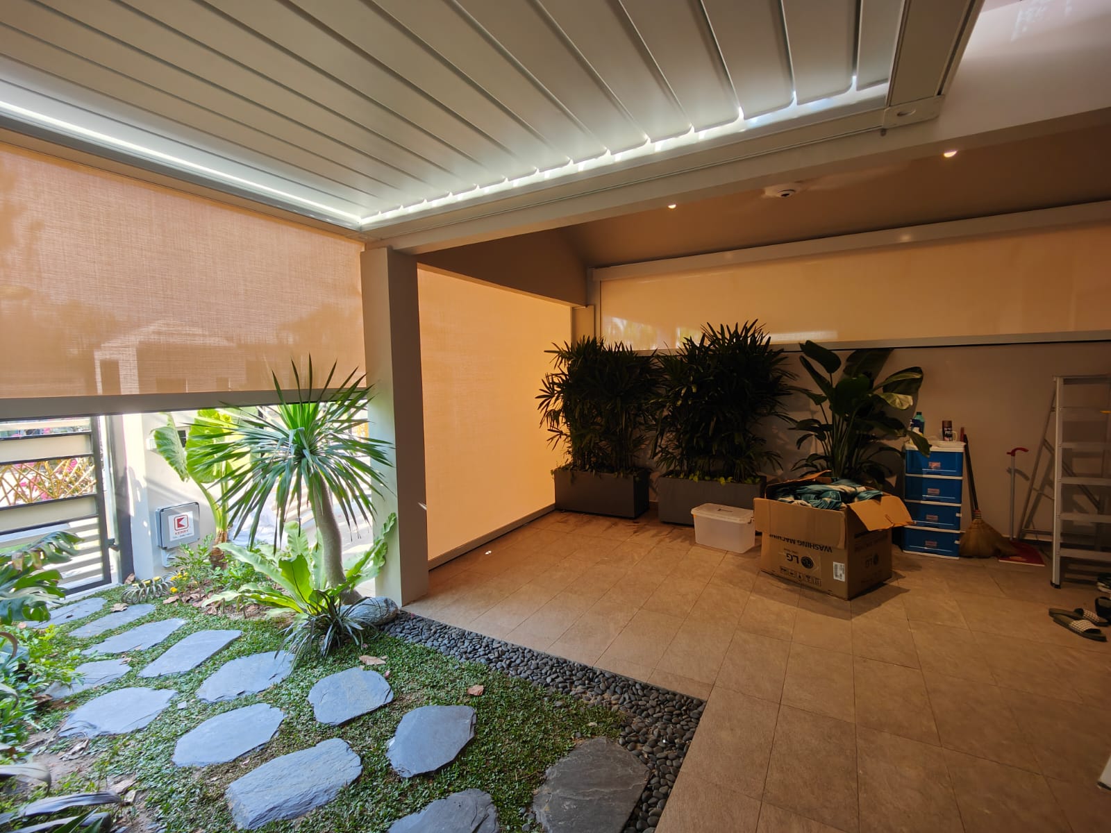 Illuminated patio pergola creating a comfortable evening outdoor room