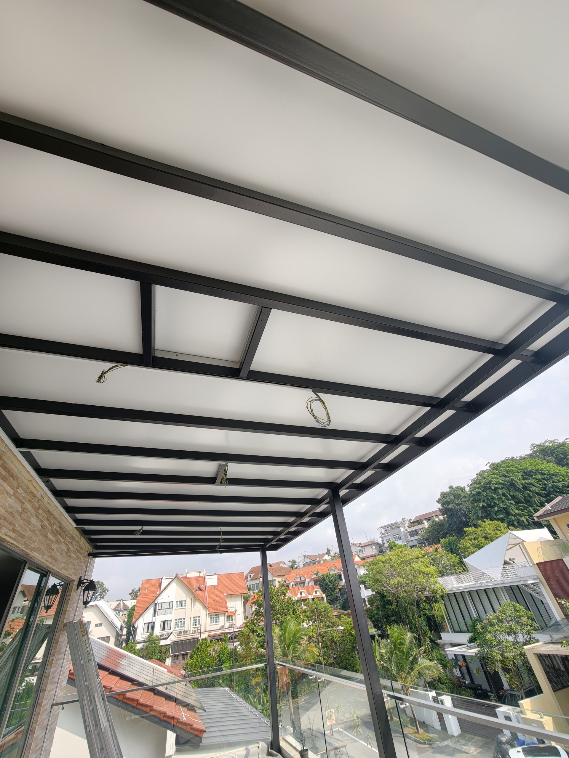 Fixed trellis canopy providing structured weather protection