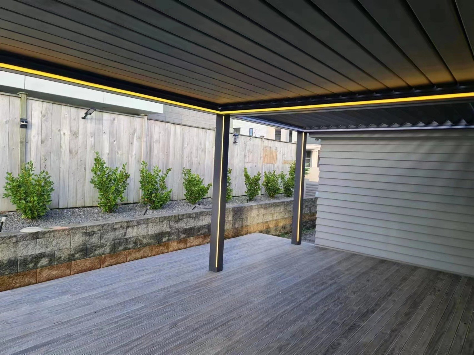 Pergola roof finish and lighting line viewed from below