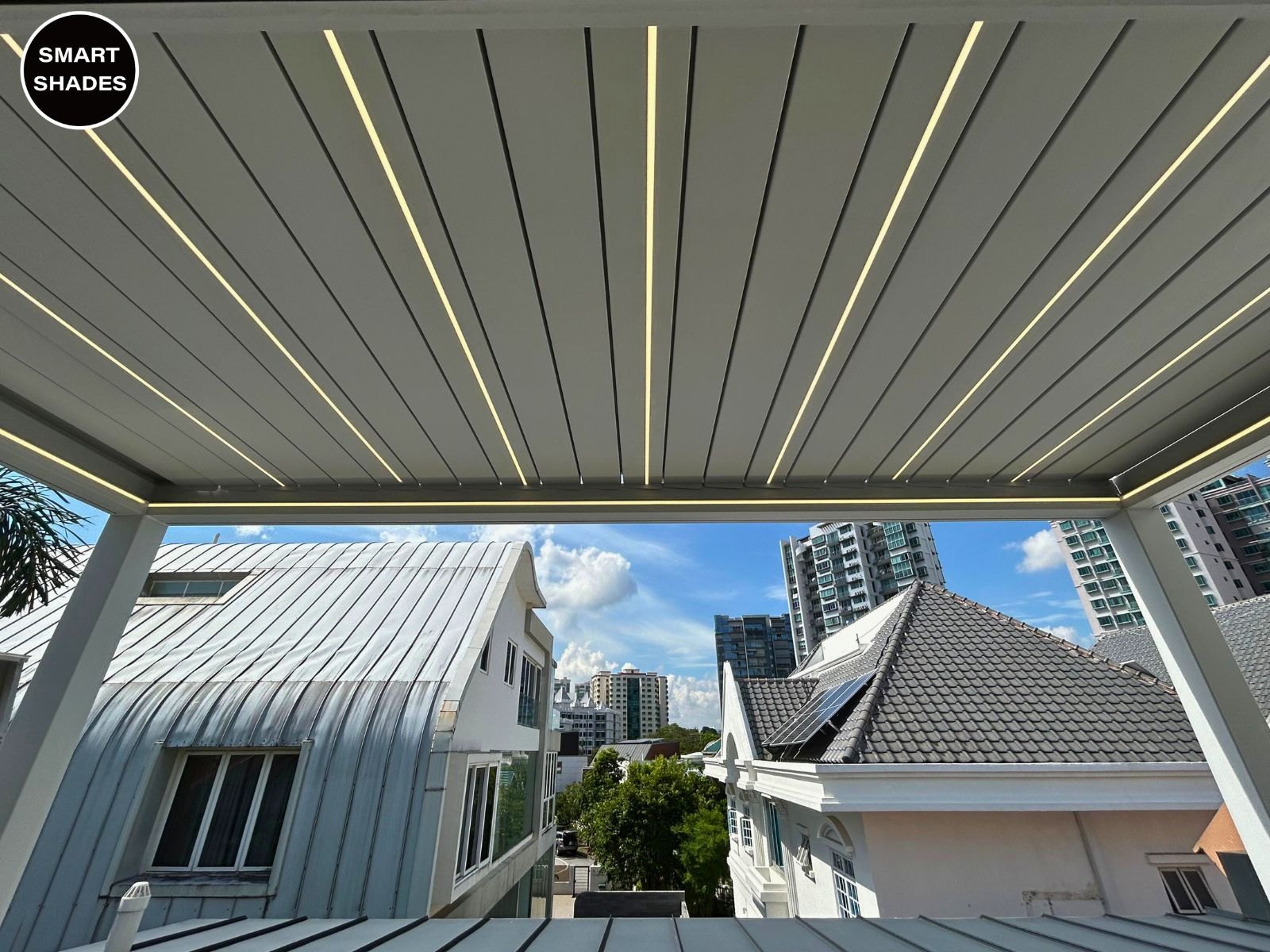 Aluminium pergola blades and frame viewed from beneath