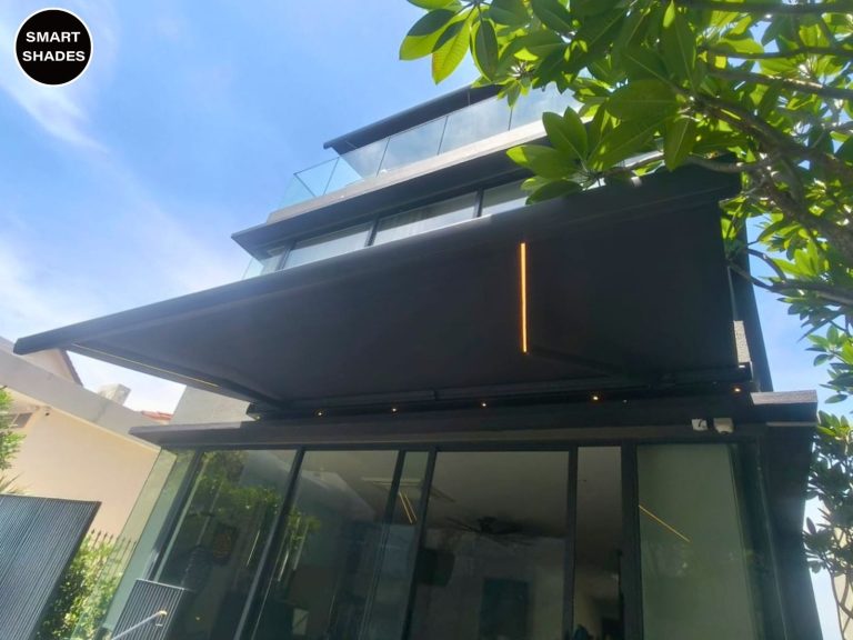 Extended dark awning above an outdoor area — awning Singapore