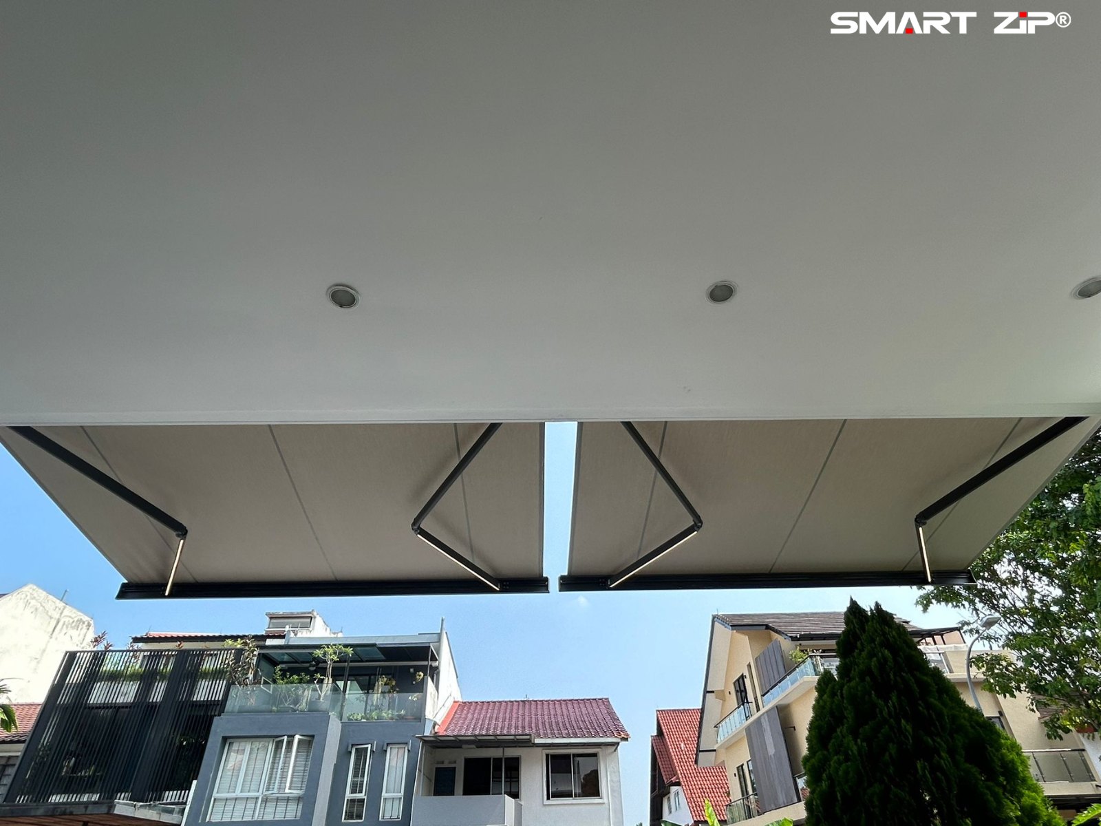 Awning seen from beneath an existing porch