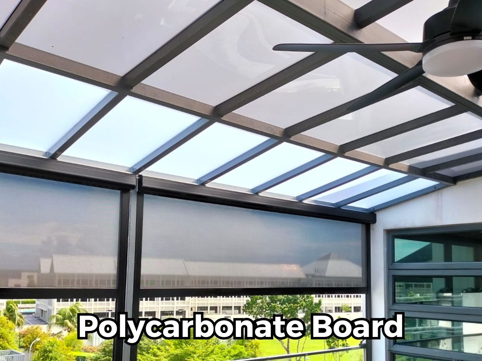Translucent fixed roof shown as an alternative to an awning