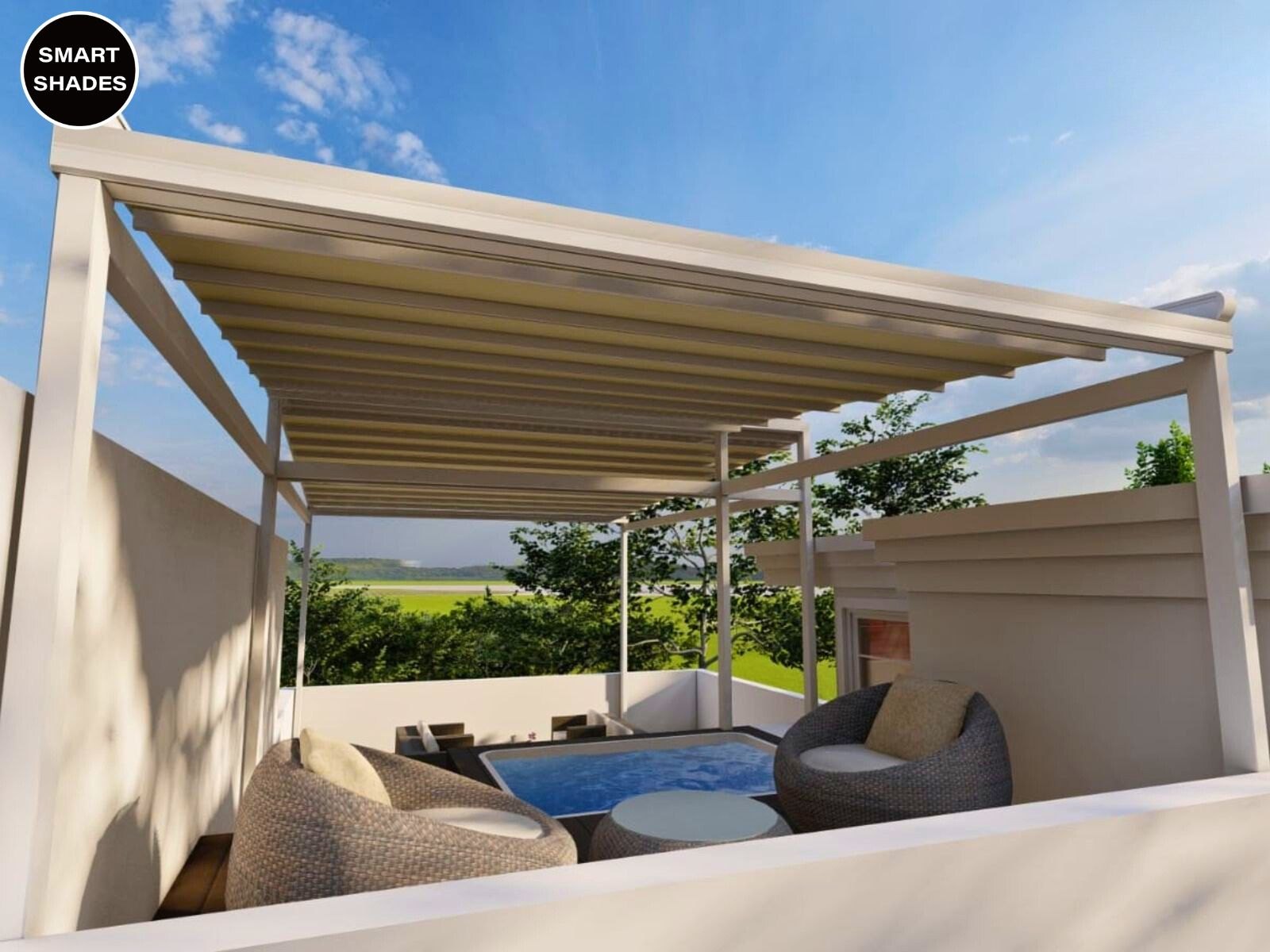 Fabric pergola cover above outdoor lounge seating