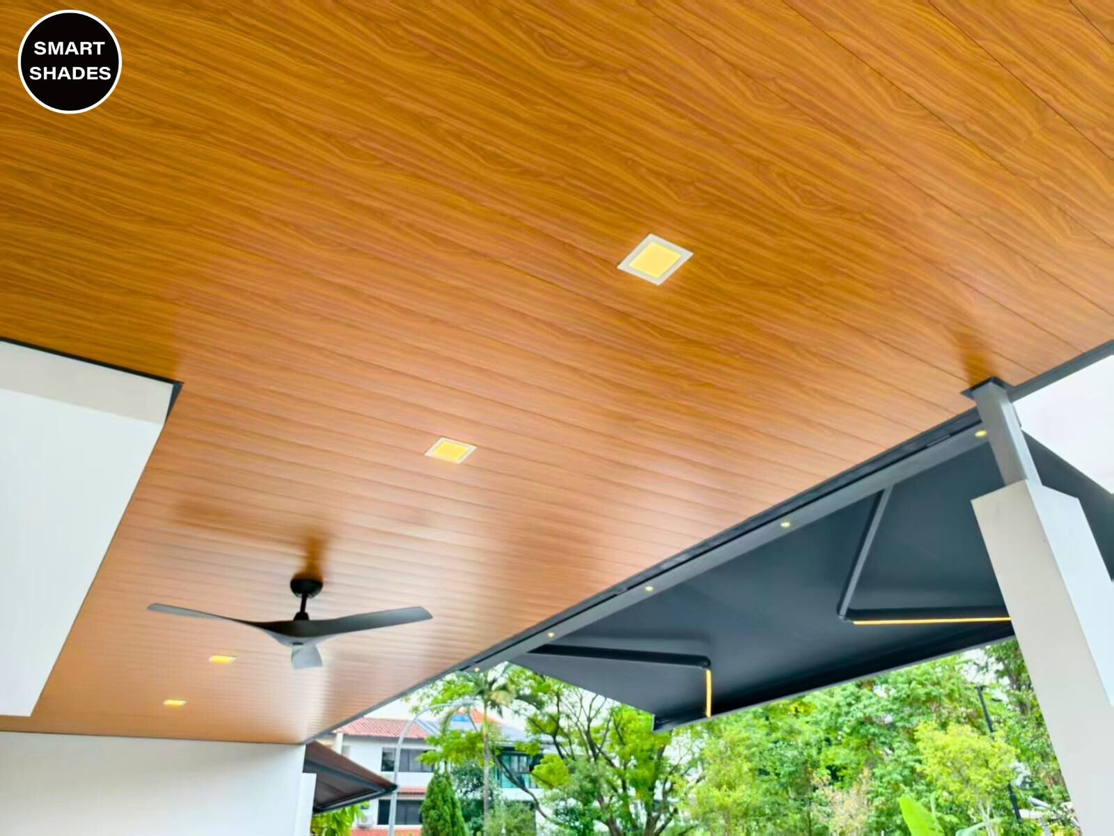 Porch ceiling meeting a dark external awning