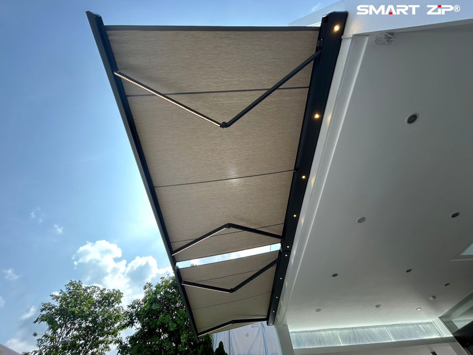 Awning underside showing clearance along the building