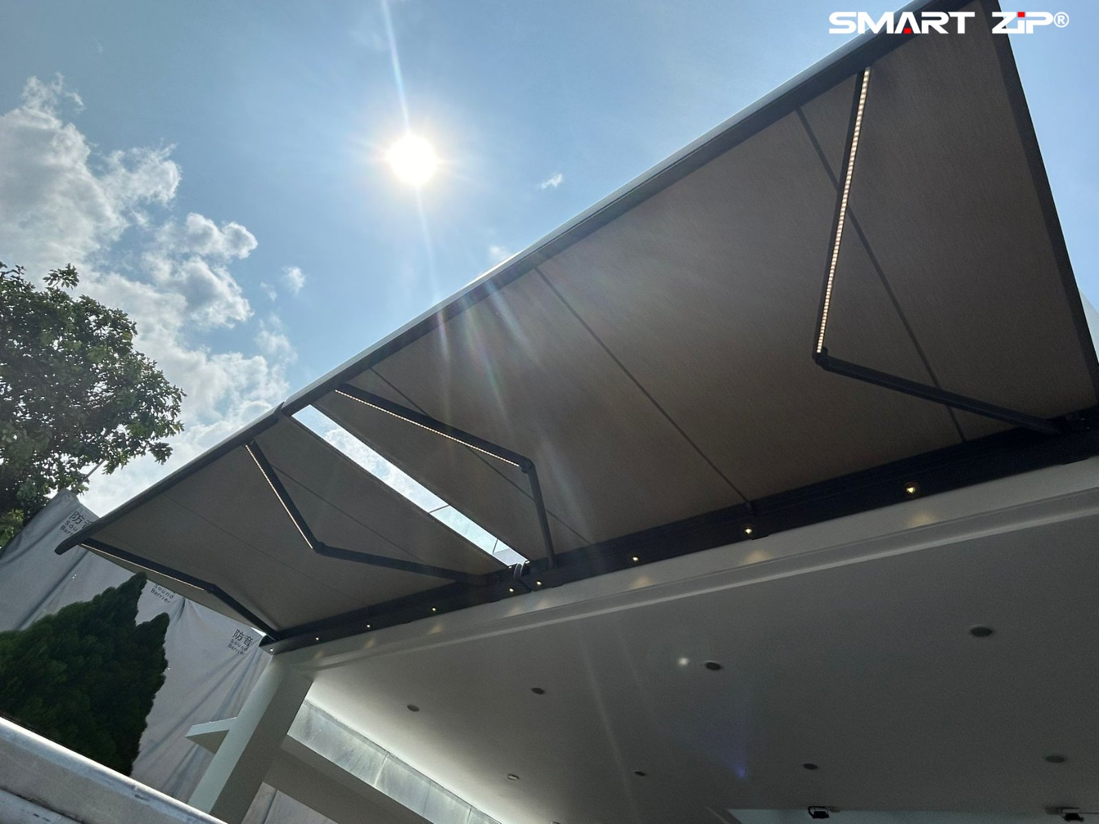 Retractable awning viewed from outside the property