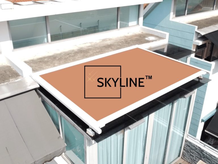 Skyline roof seen from above between building walls — retractable roof